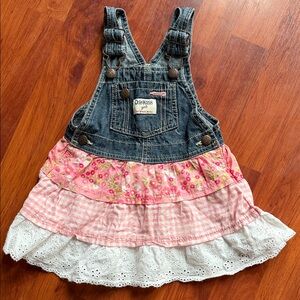 OshKosh B'gosh Toddler Denim and Pink Floral Skirtall Overall Dress 24 months